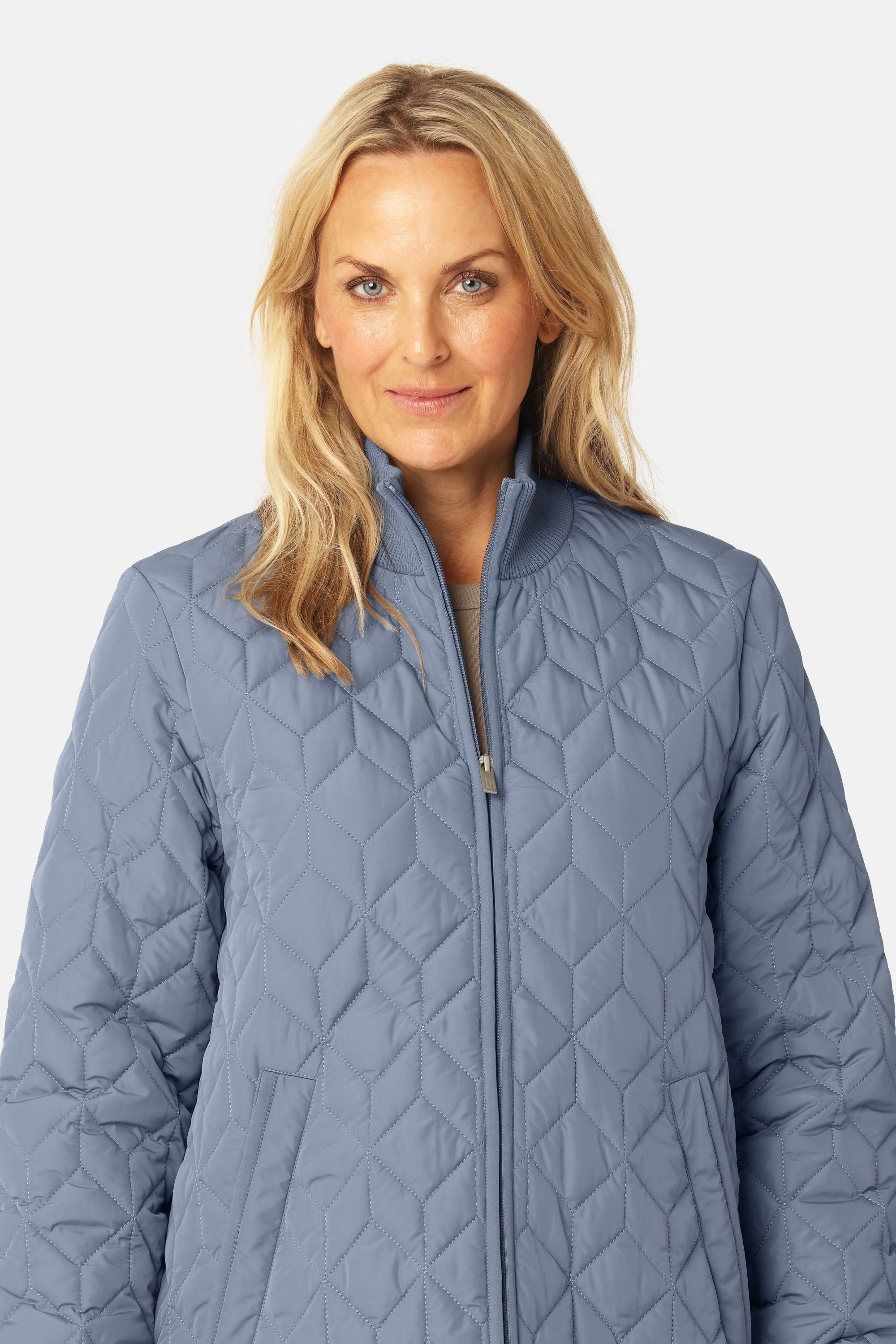 Long Padded Quilt Jacket - Grey Blue