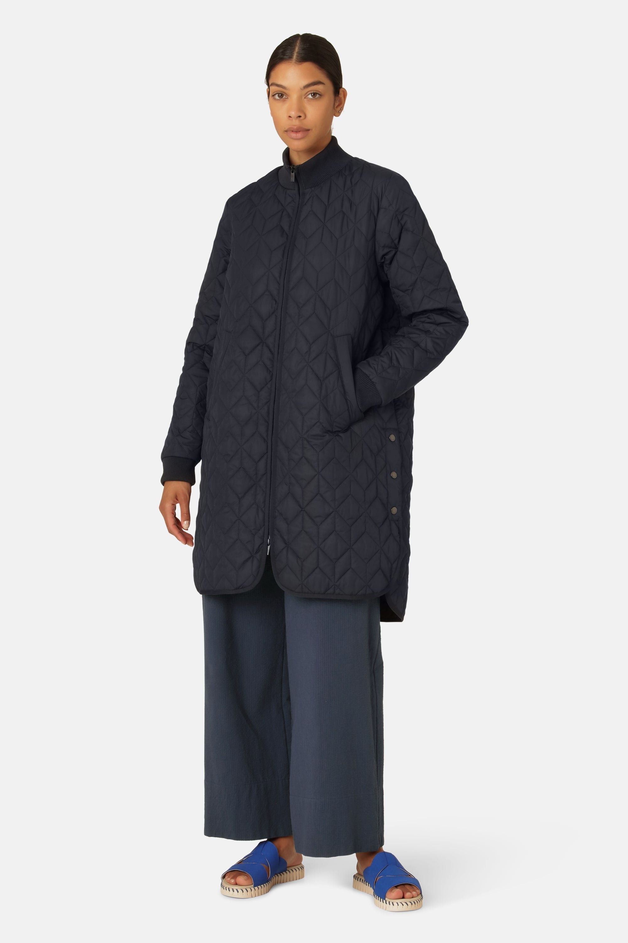 Long Padded Quilt Jacket - Dark Indigo