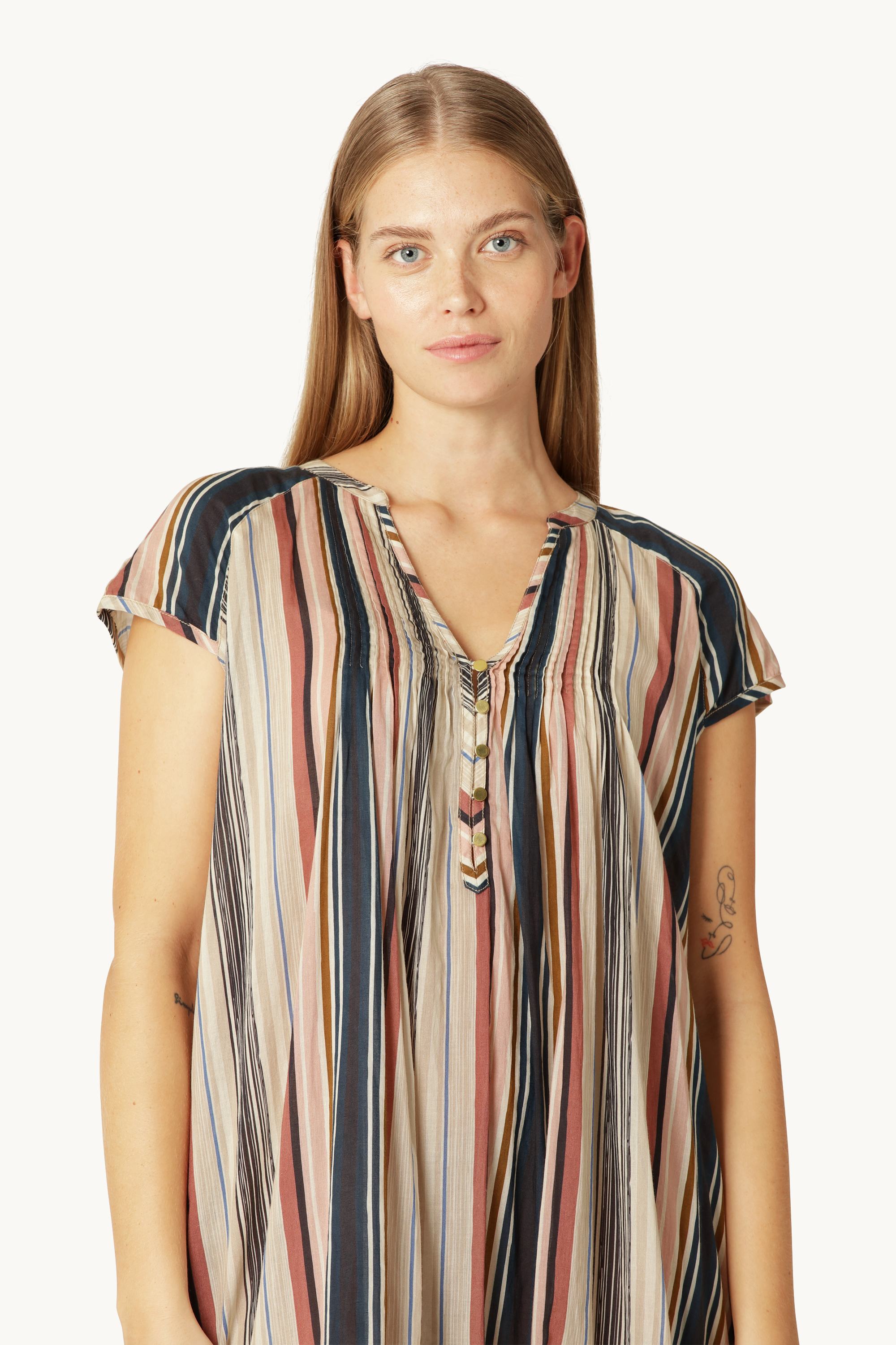 Short Sleeve Long Dress Pintuck - Beige Organic Stripe