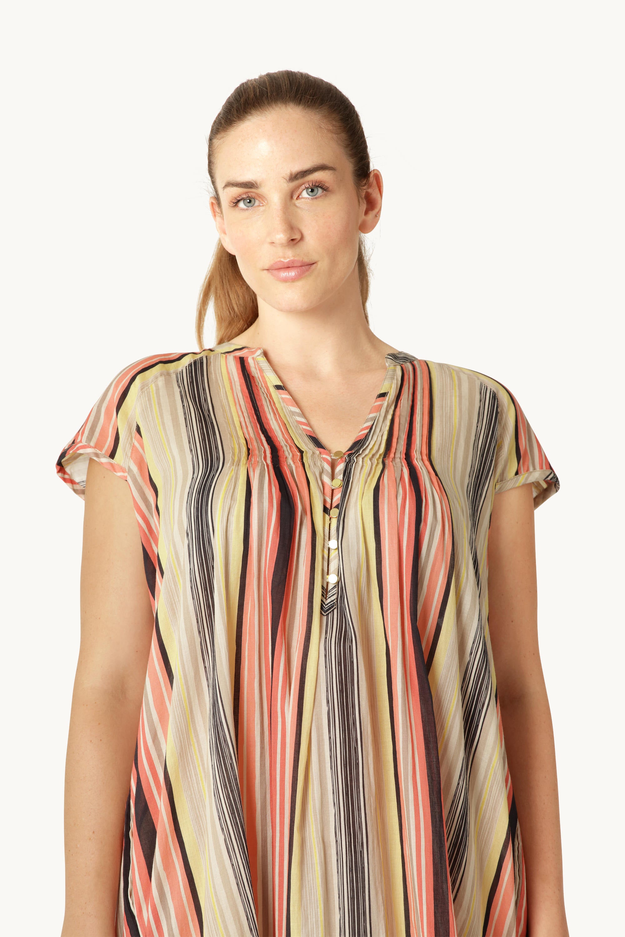 Short Sleeve Long Dress Pintuck - Red Organic Stripe