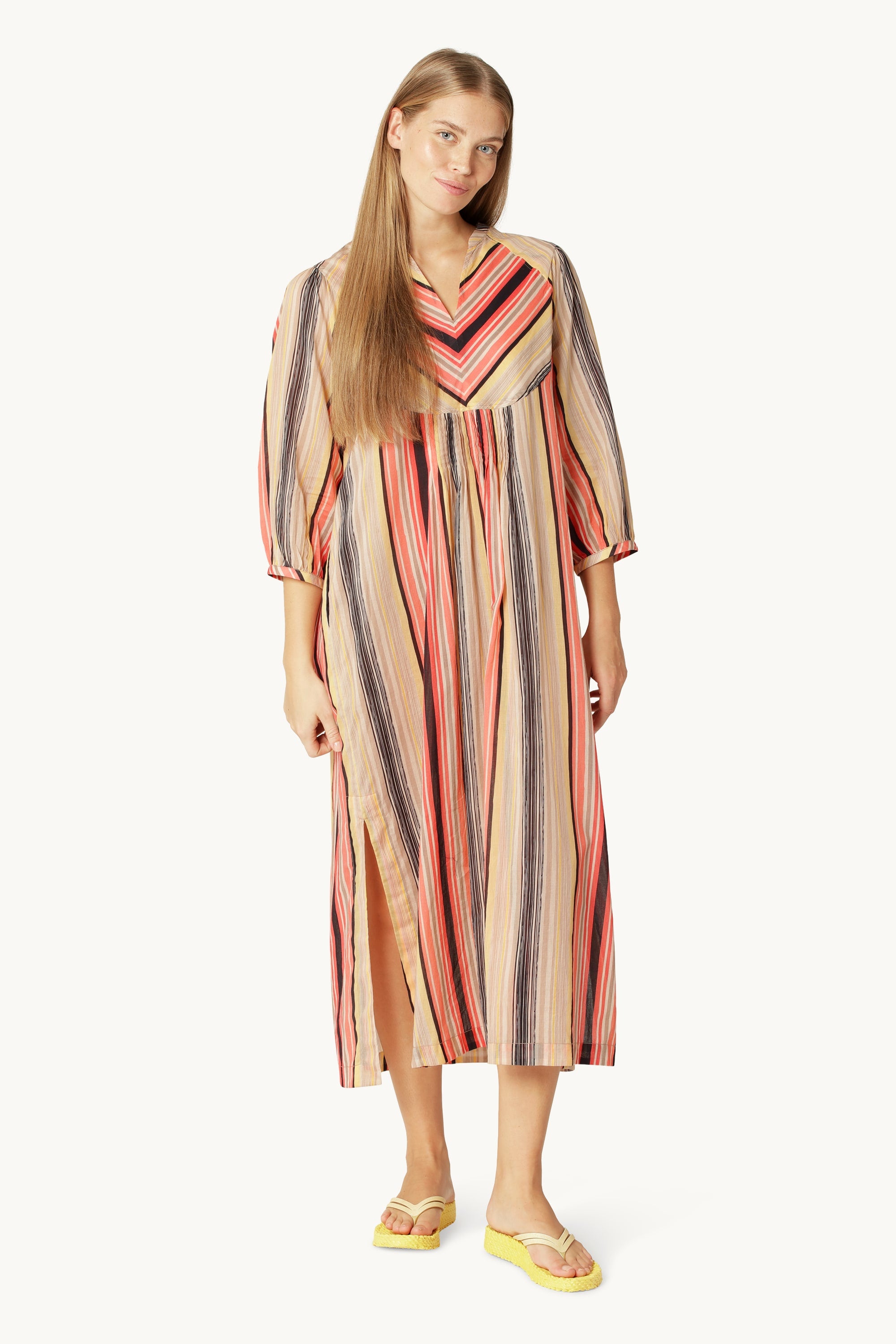 Balloon Sleeve Long Dress Pintuck - Red Organic Stripe