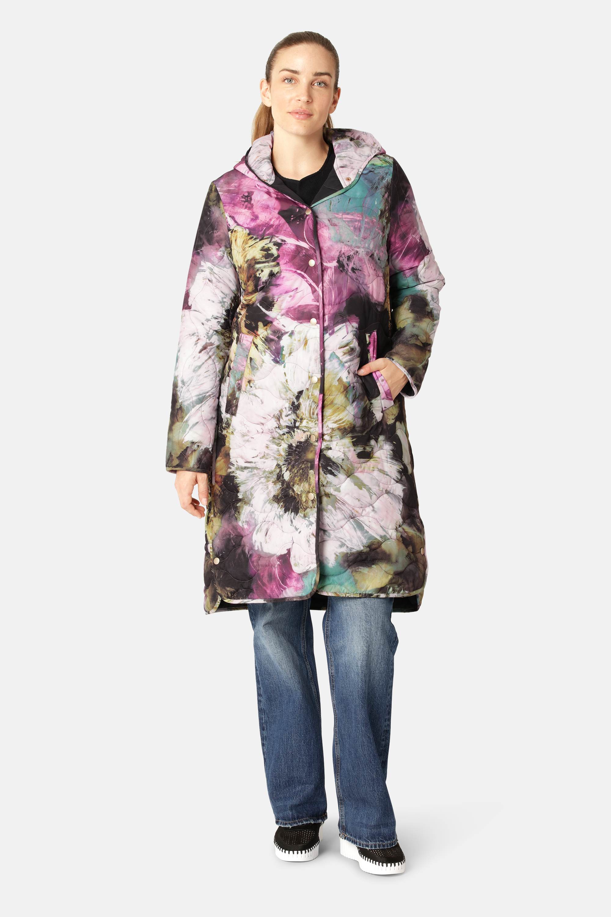Long Quilt Coat - Artistic Flower Print