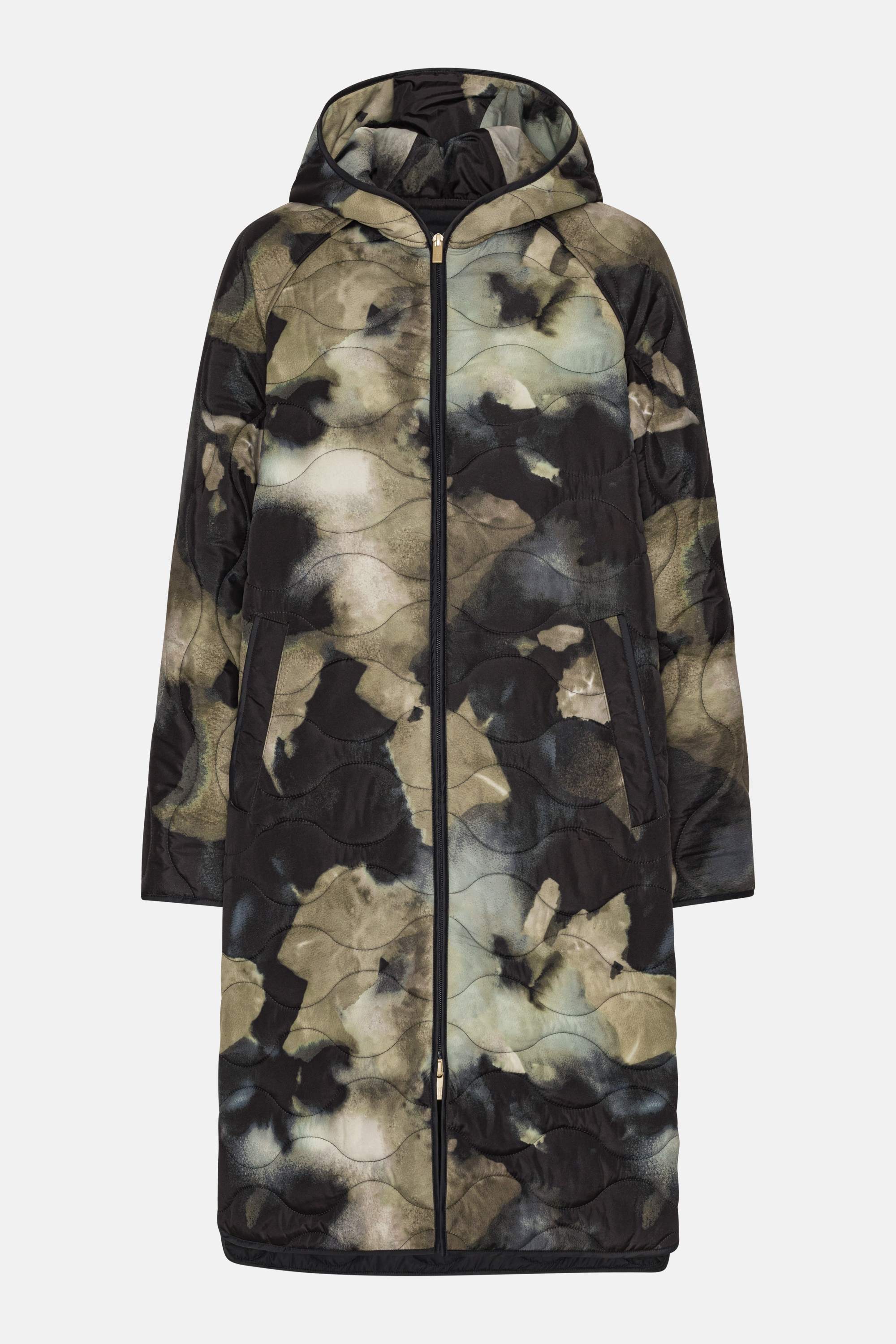 Long Quilt Jacket with Hood - Moss Print