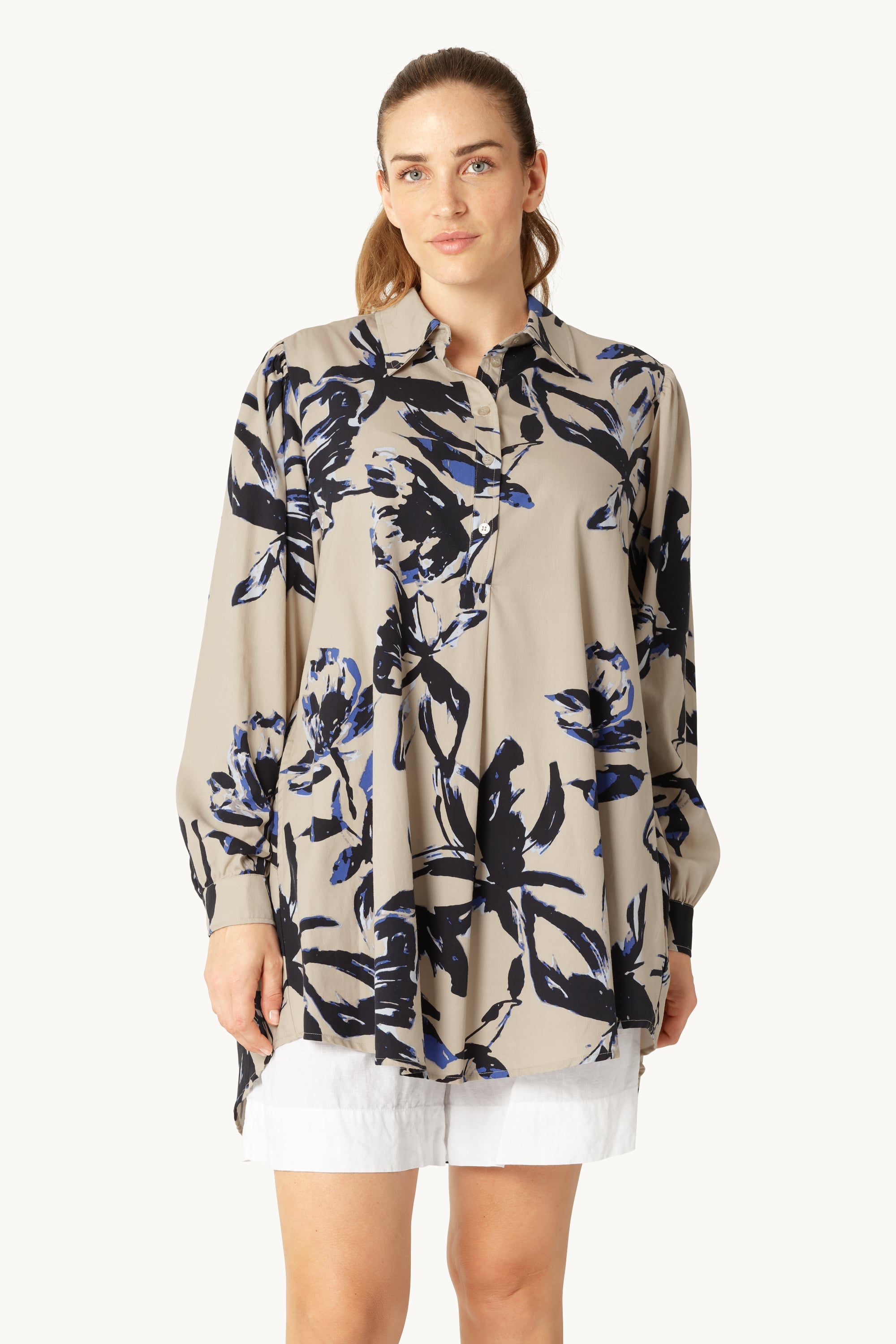 Long Tunic Dress - Sand Artsy Stroke Flower