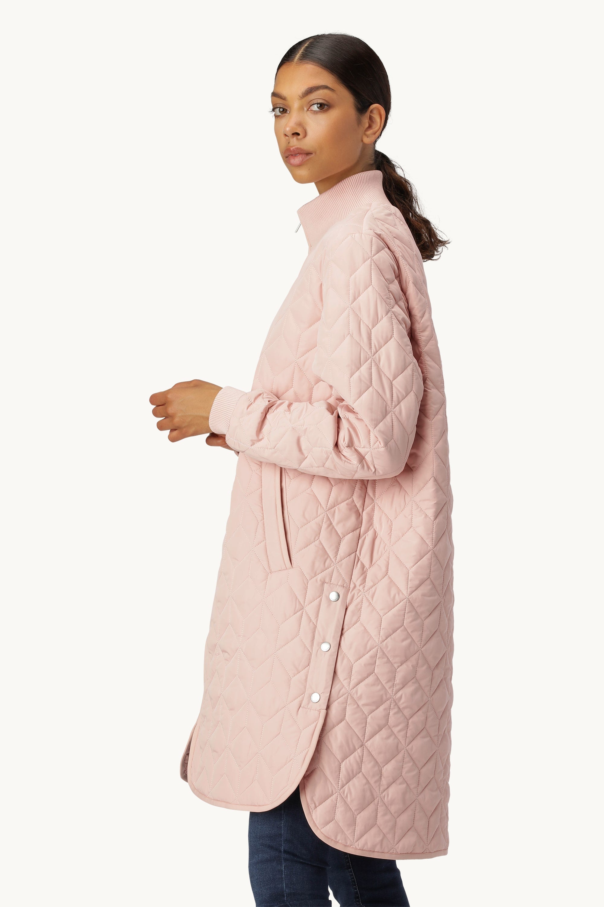 Long Padded Quilt Jacket - Pale Pink
