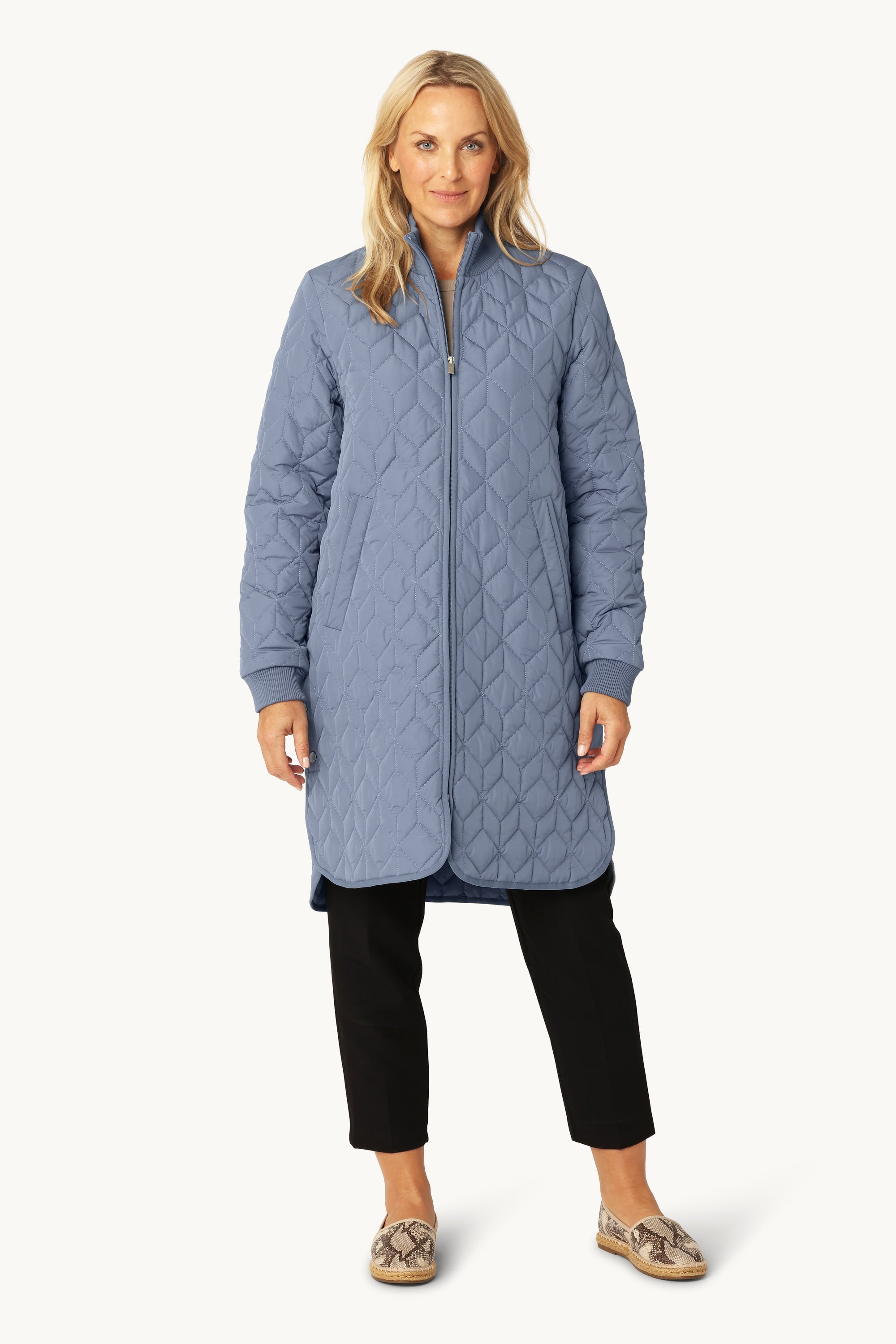 Long Padded Quilt Jacket - Grey Blue