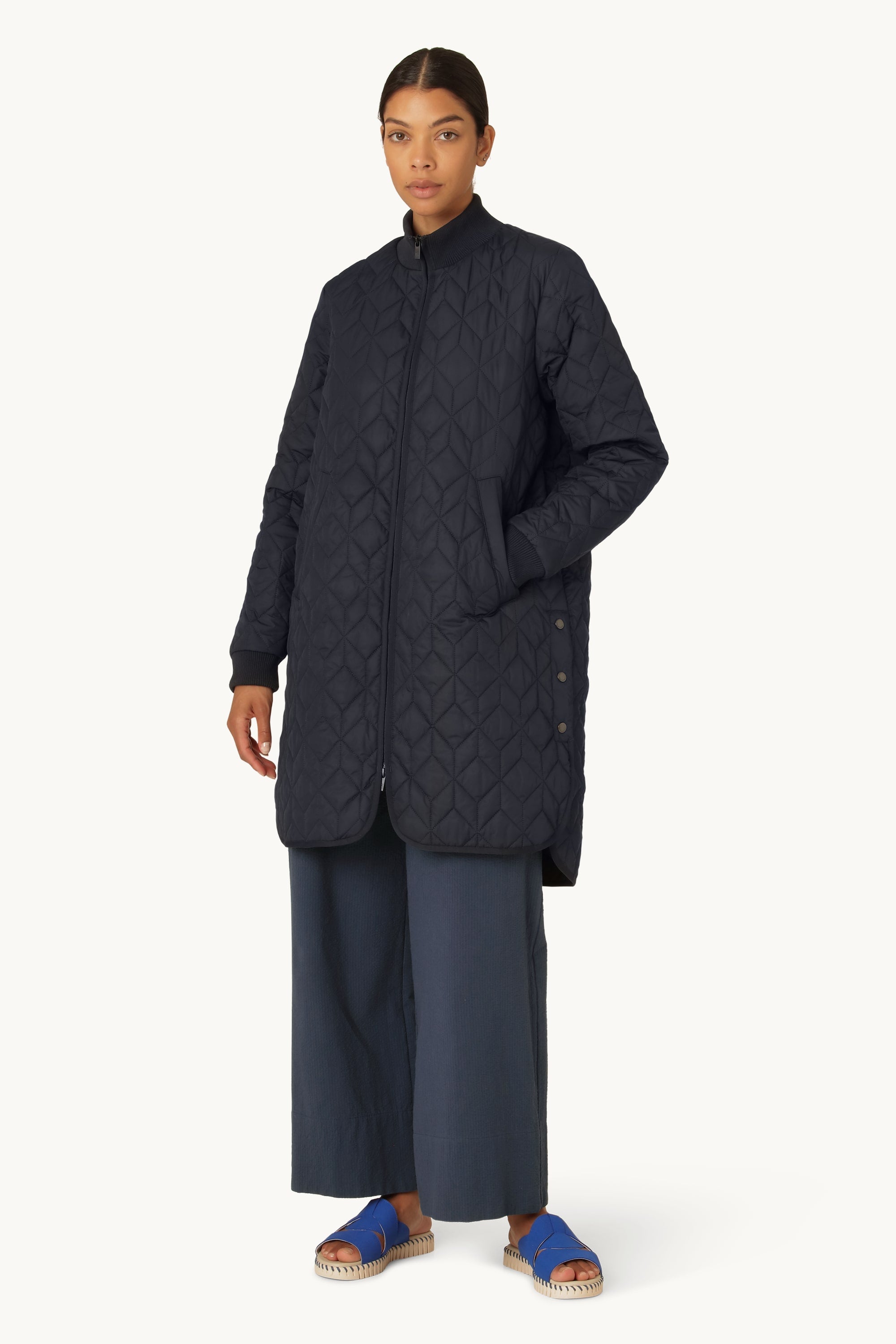 Long Padded Quilt Jacket - Dark Indigo