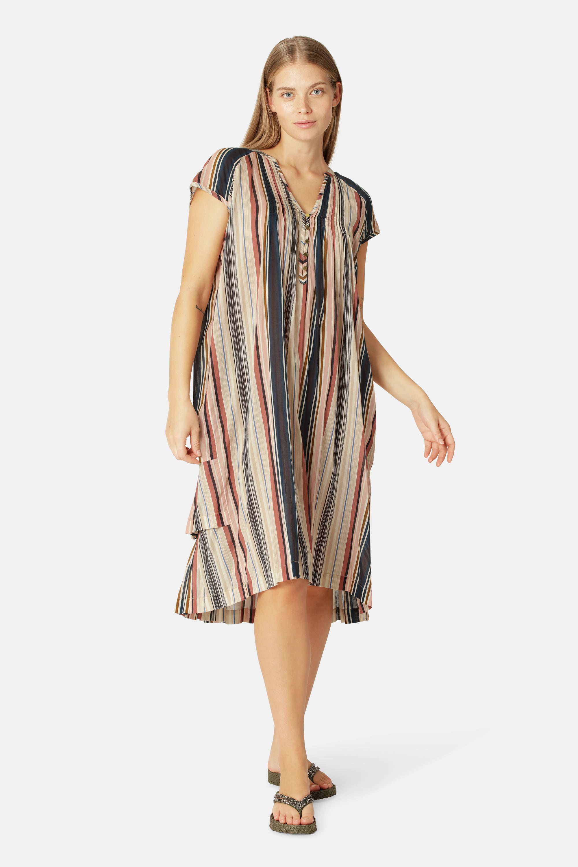 Short Sleeve Long Dress Pintuck - Beige Organic Stripe