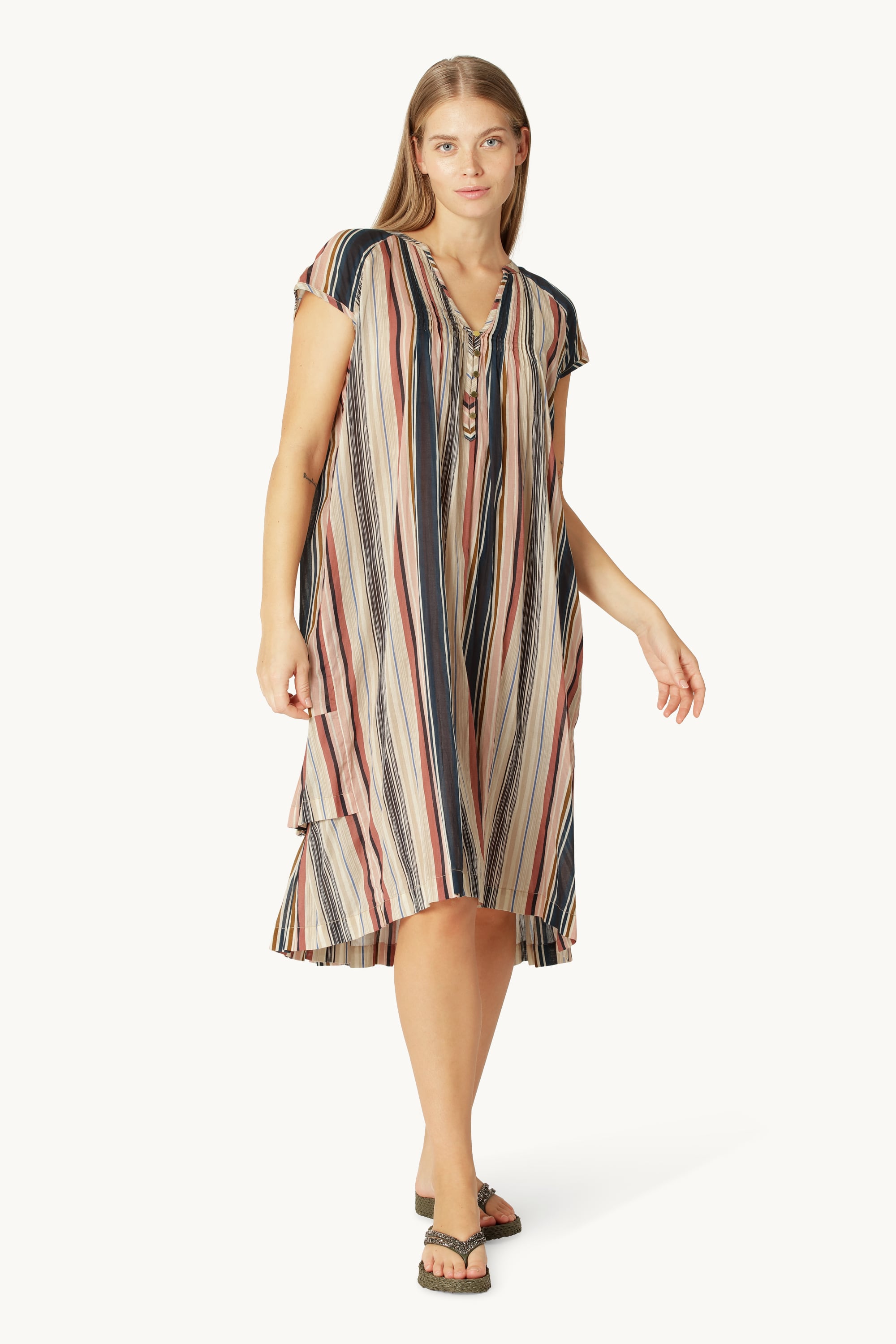 Short Sleeve Long Dress Pintuck - Beige Organic Stripe