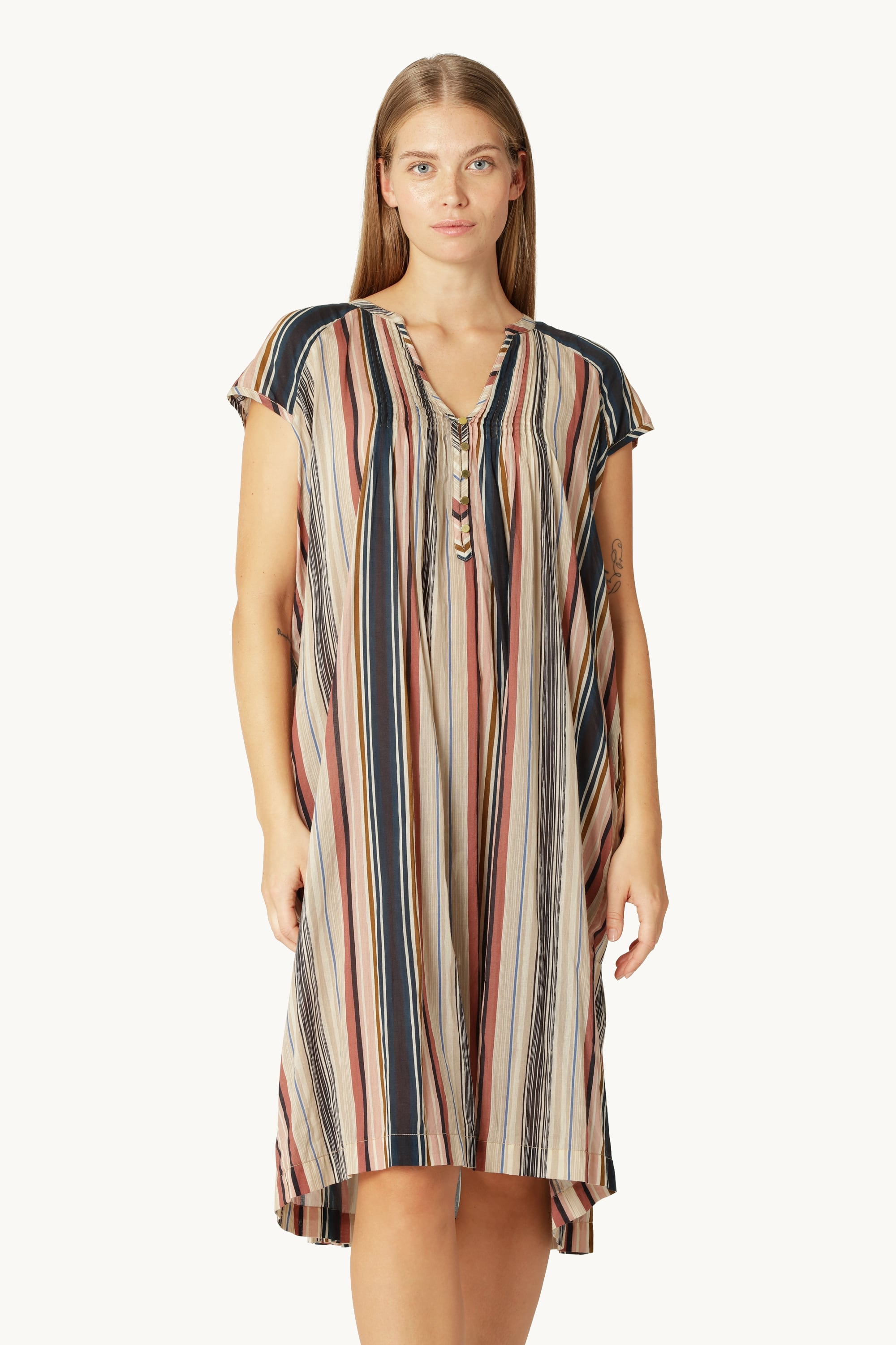 Short Sleeve Long Dress Pintuck - Beige Organic Stripe