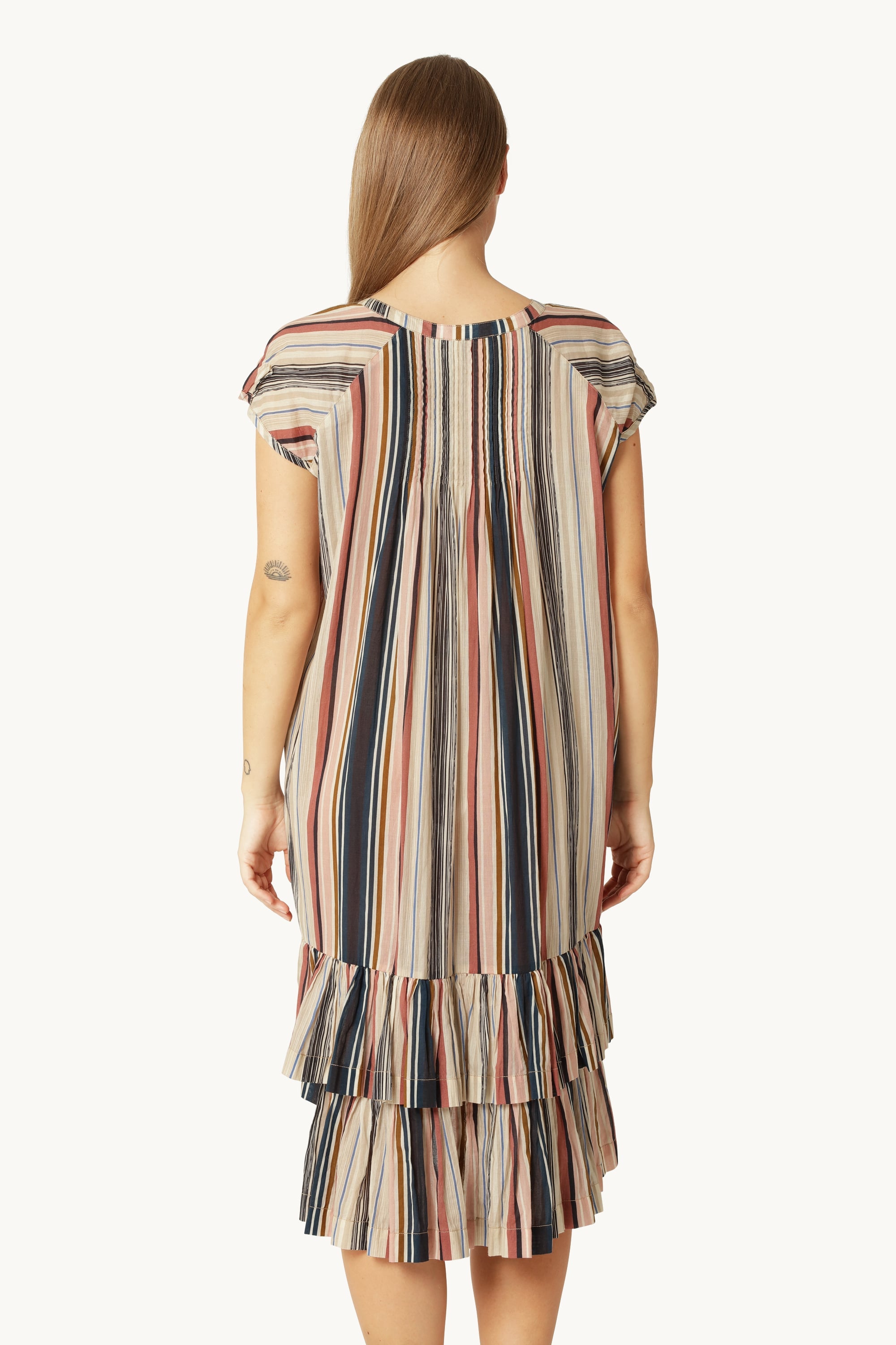 Short Sleeve Long Dress Pintuck - Beige Organic Stripe