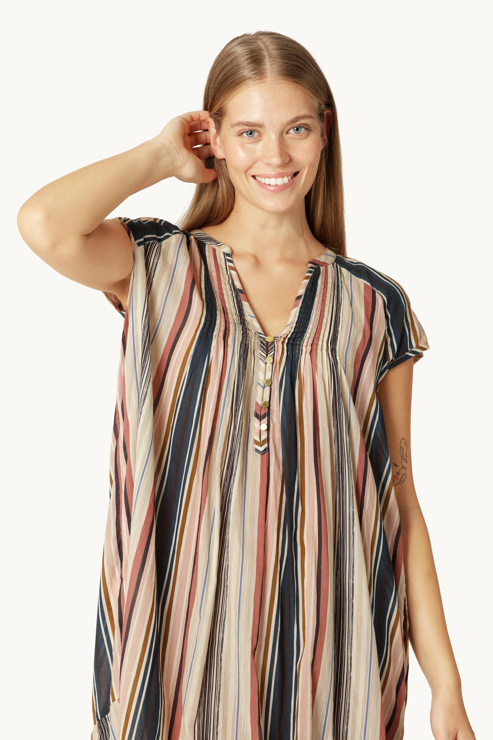Short Sleeve Long Dress Pintuck - Beige Organic Stripe