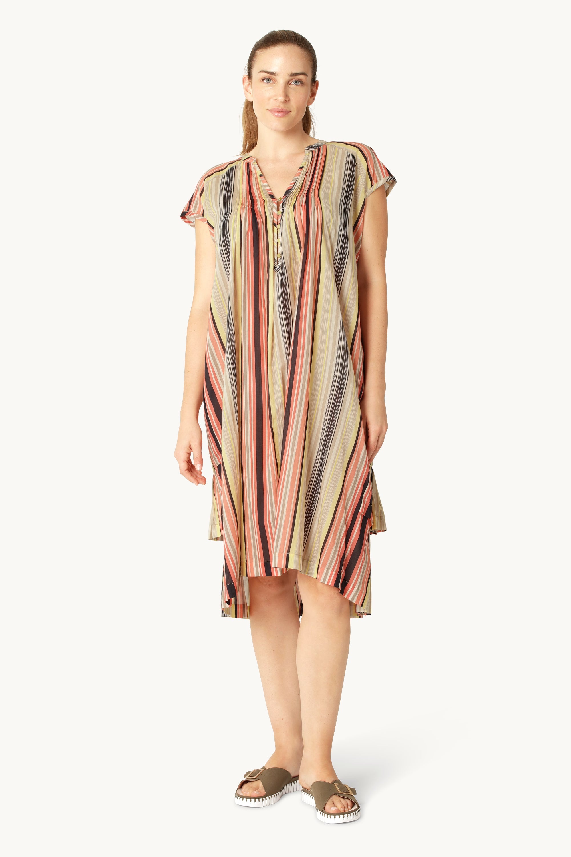 Short Sleeve Long Dress Pintuck - Red Organic Stripe