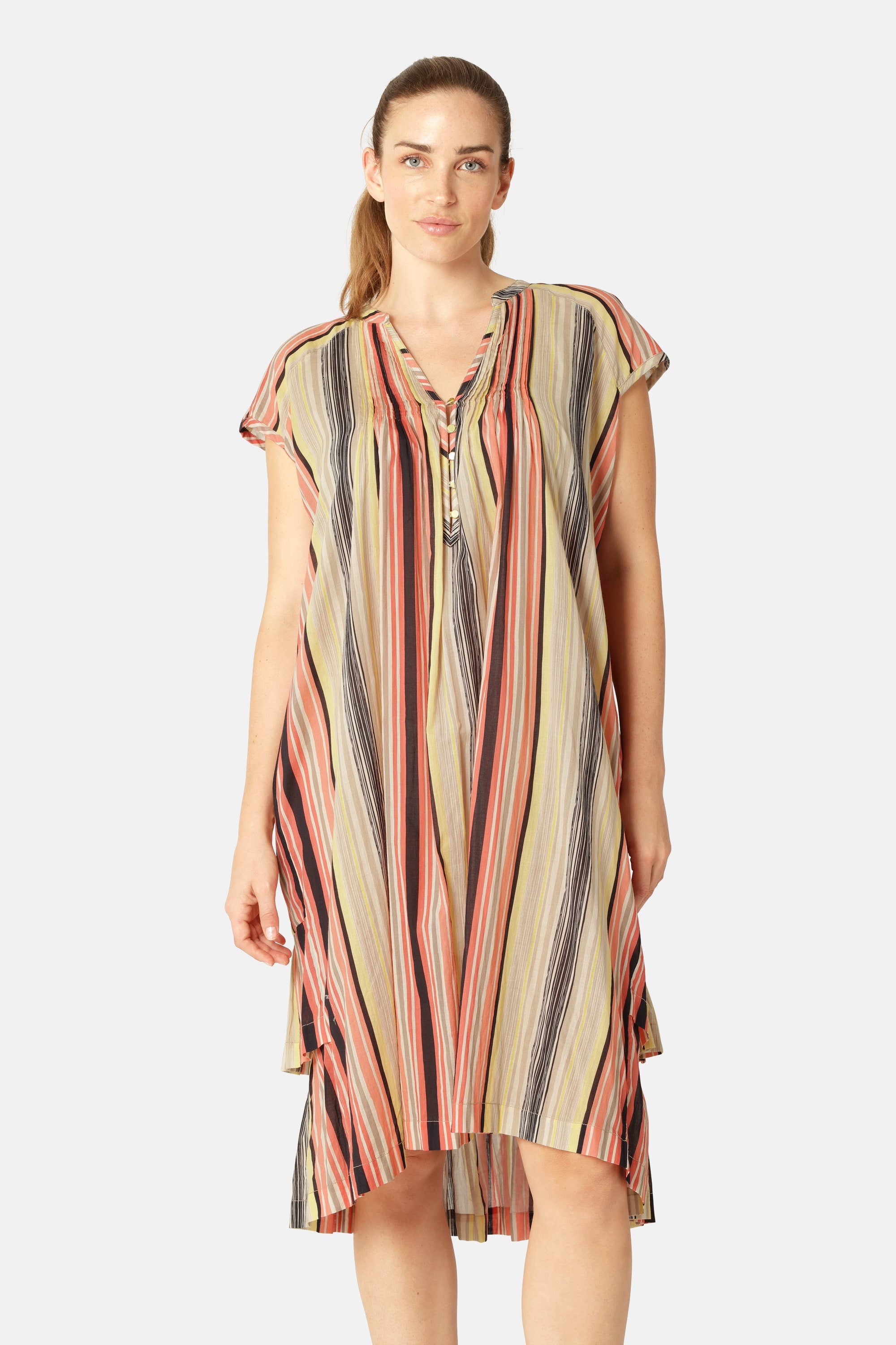 Short Sleeve Long Dress Pintuck - Red Organic Stripe