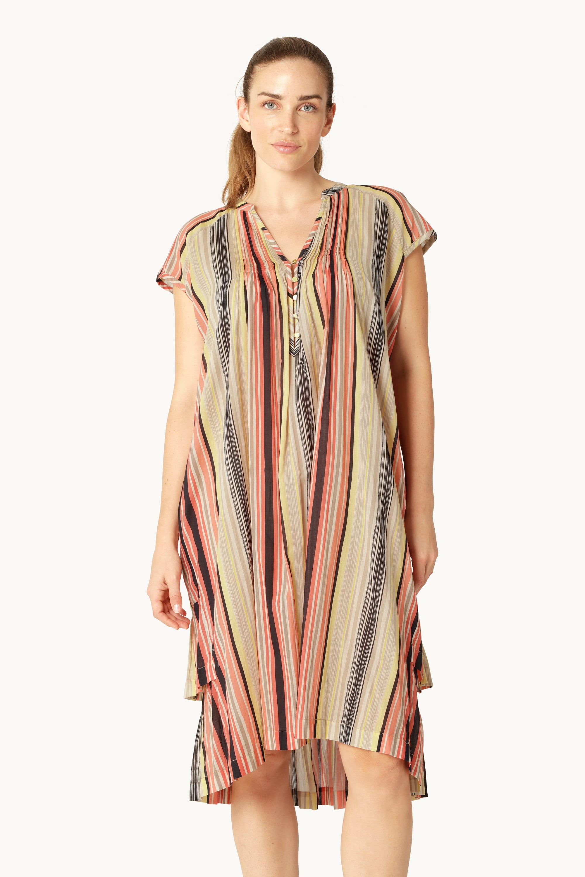 Short Sleeve Long Dress Pintuck - Red Organic Stripe