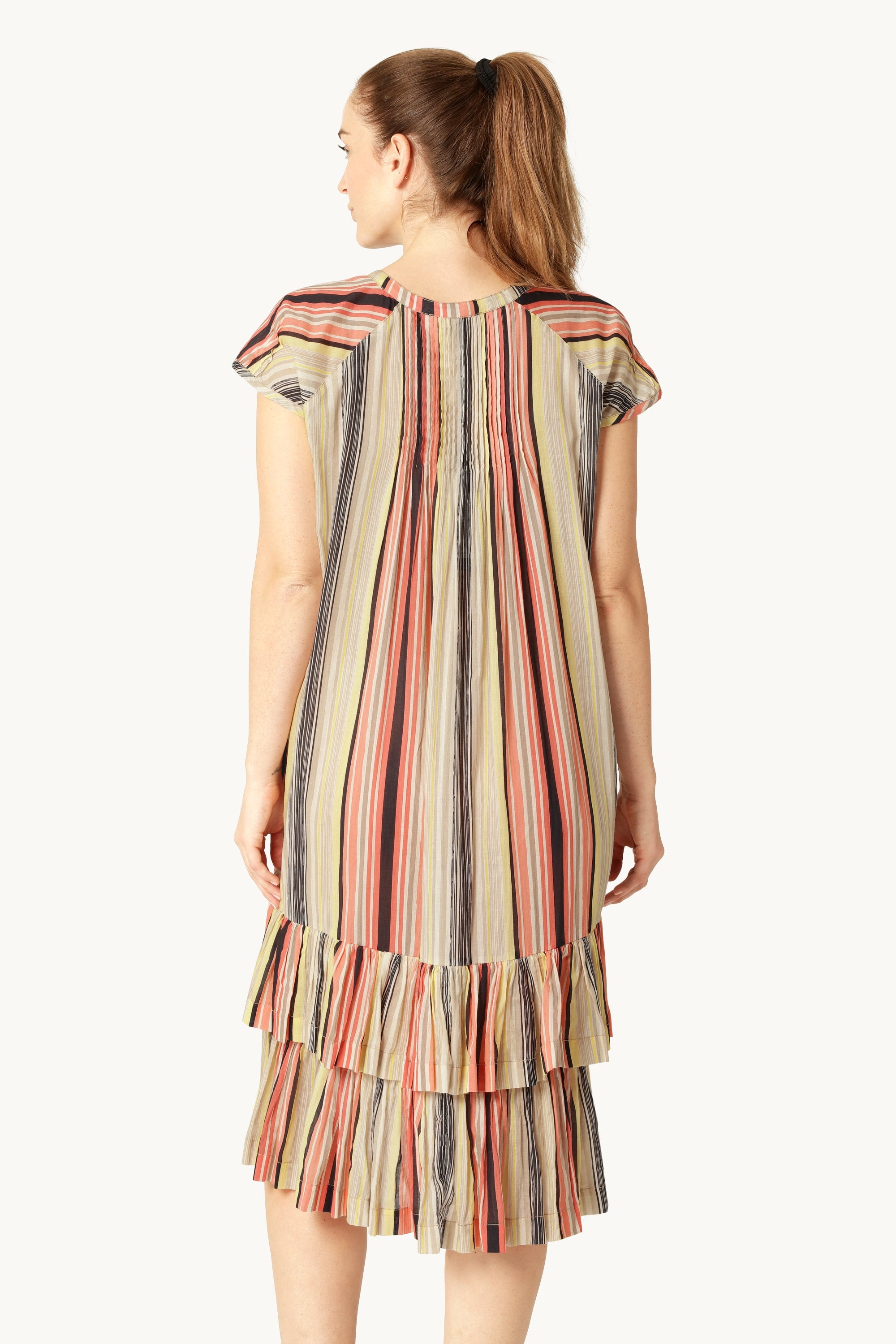 Short Sleeve Long Dress Pintuck - Red Organic Stripe