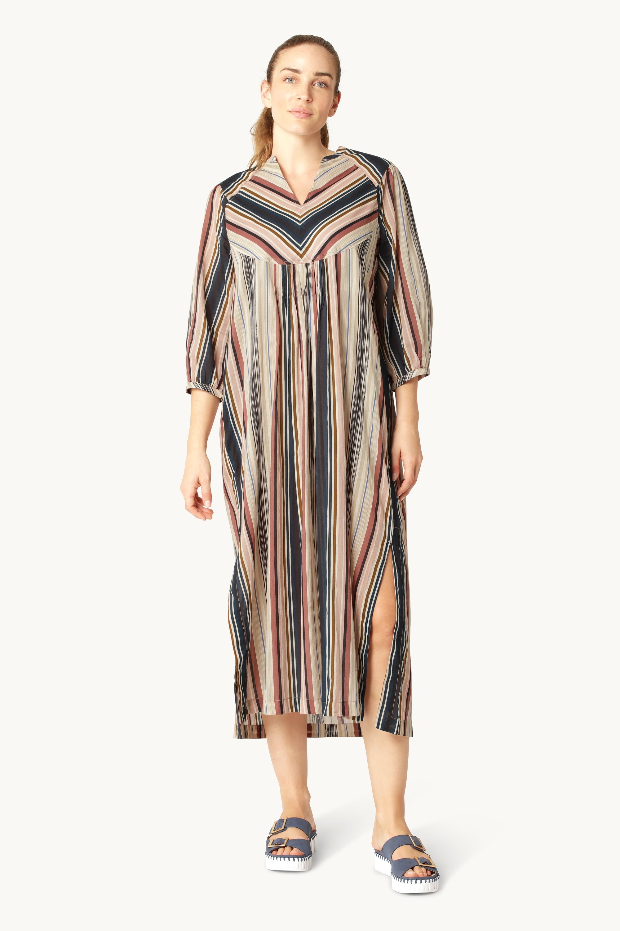 Balloon Sleeve Long Dress Pintuck - Beige Organic Stripe