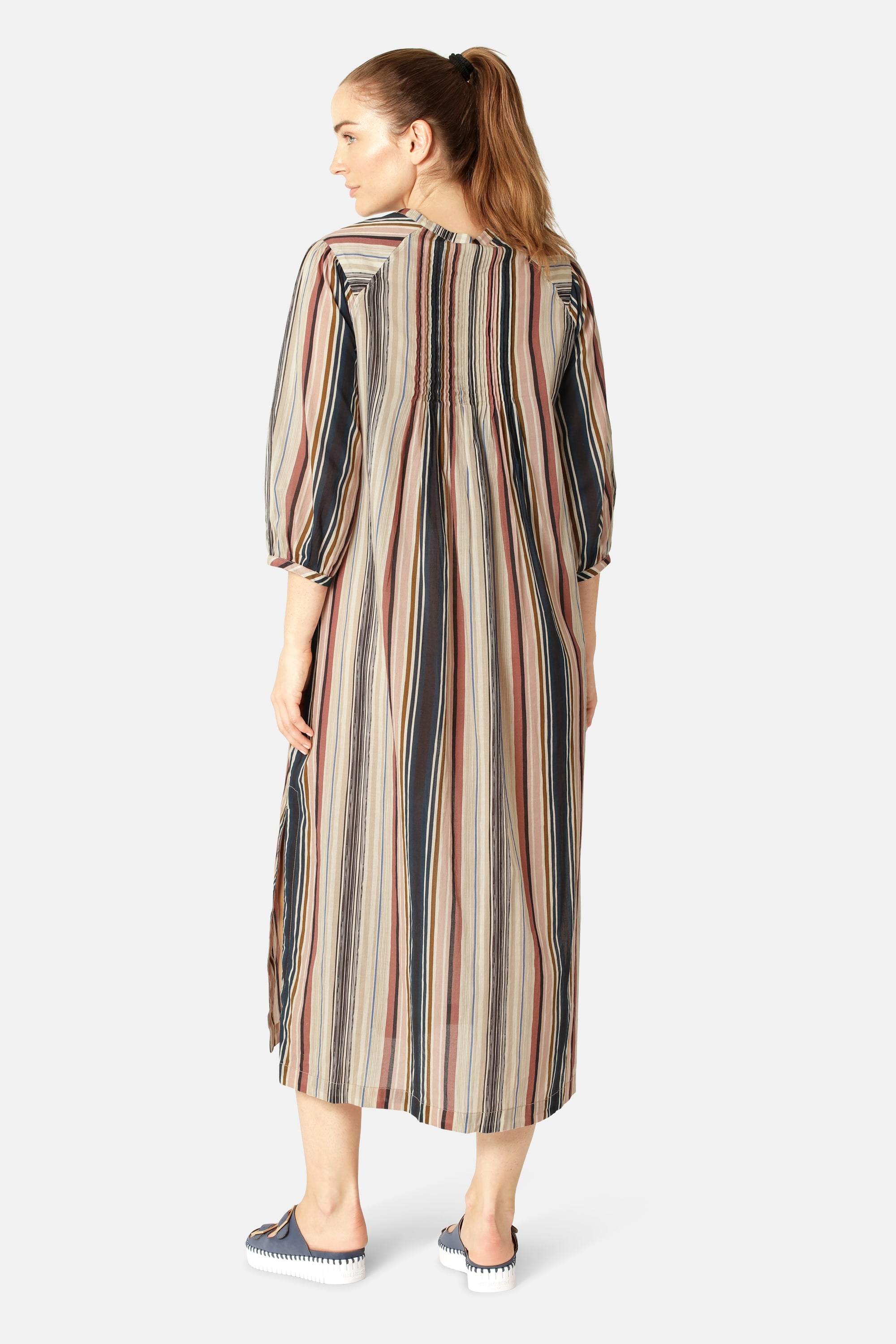 Balloon Sleeve Long Dress Pintuck - Beige Organic Stripe
