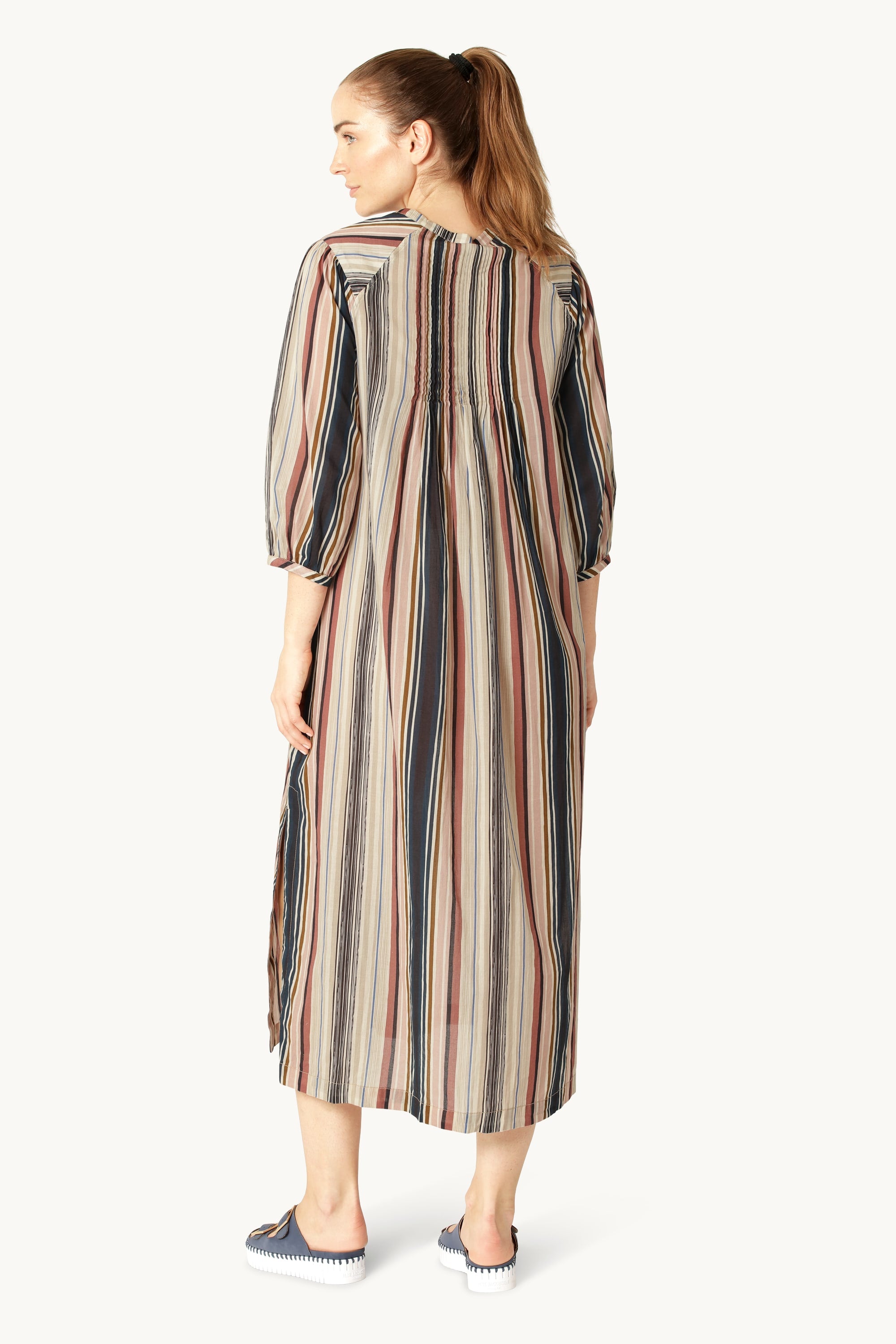 Balloon Sleeve Long Dress Pintuck - Beige Organic Stripe
