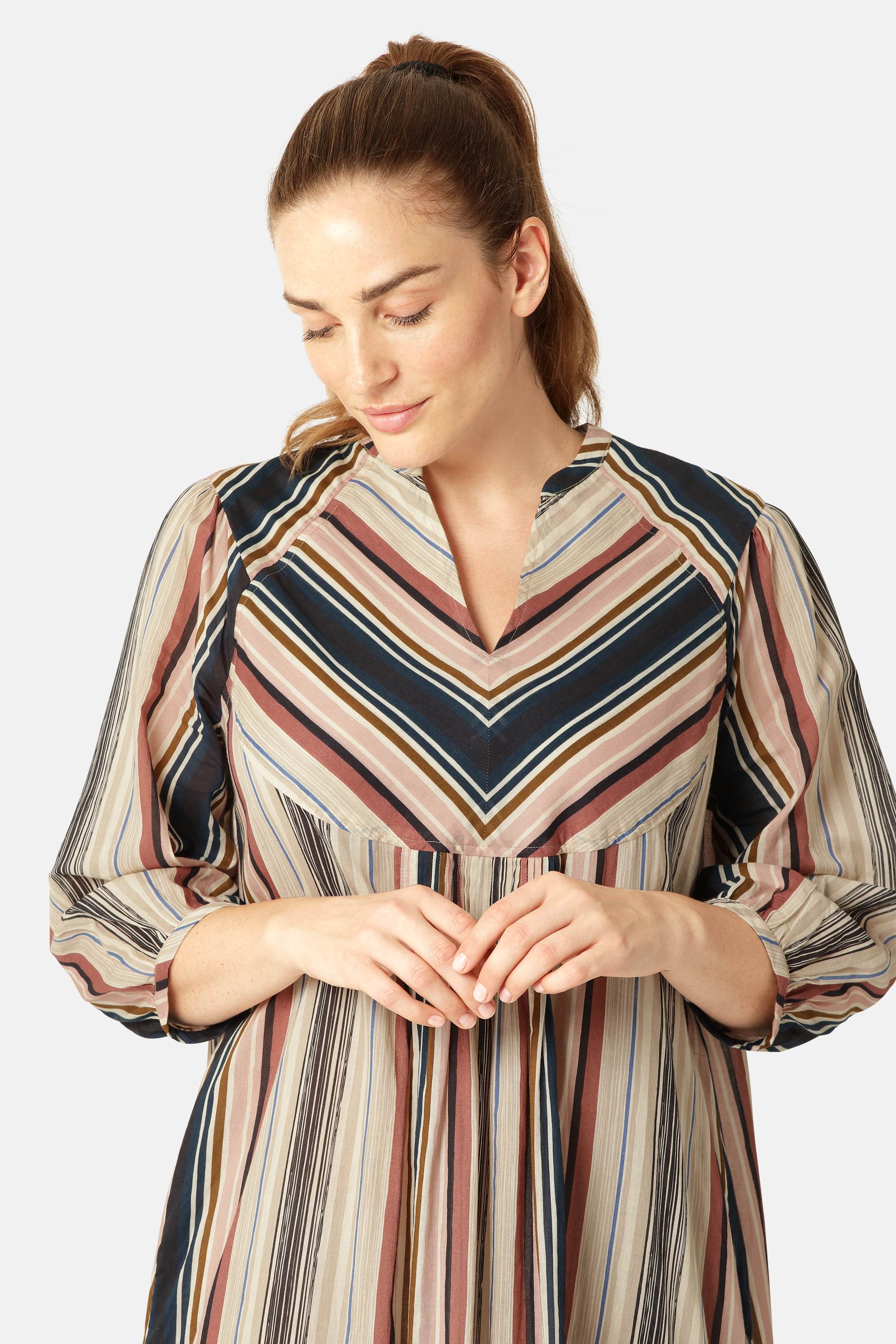 Balloon Sleeve Long Dress Pintuck - Beige Organic Stripe