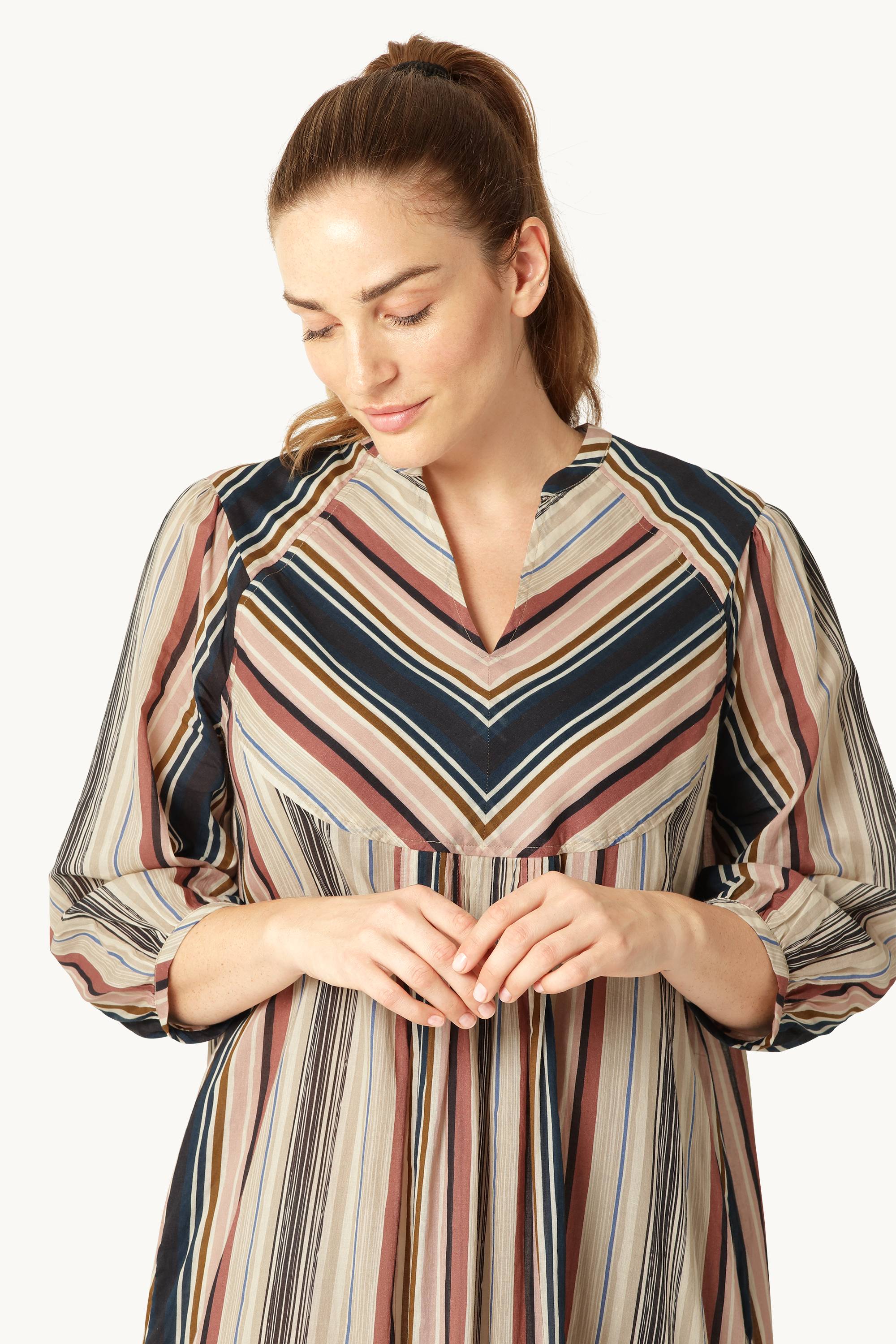 Balloon Sleeve Long Dress Pintuck - Beige Organic Stripe