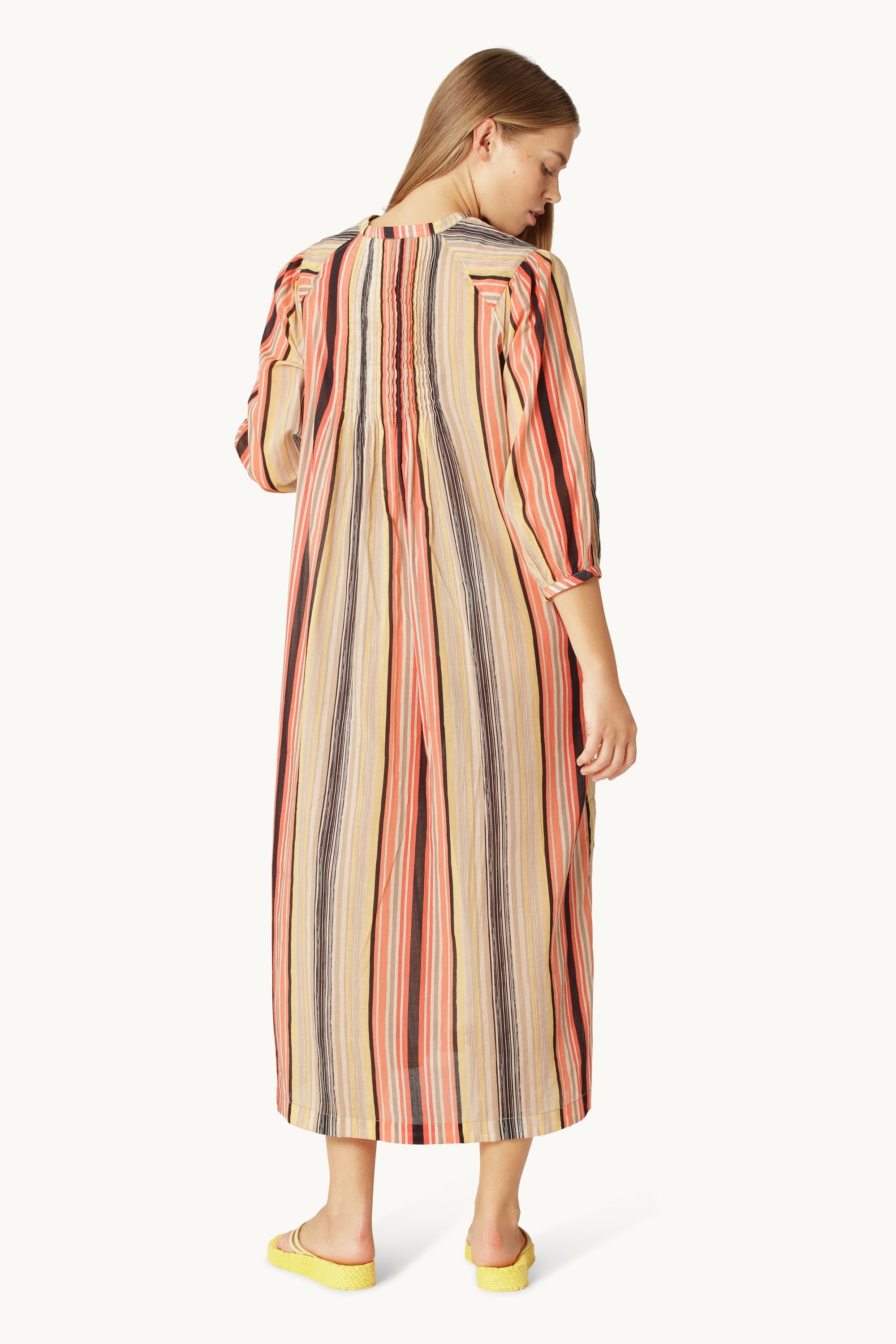 Balloon Sleeve Long Dress Pintuck - Red Organic Stripe