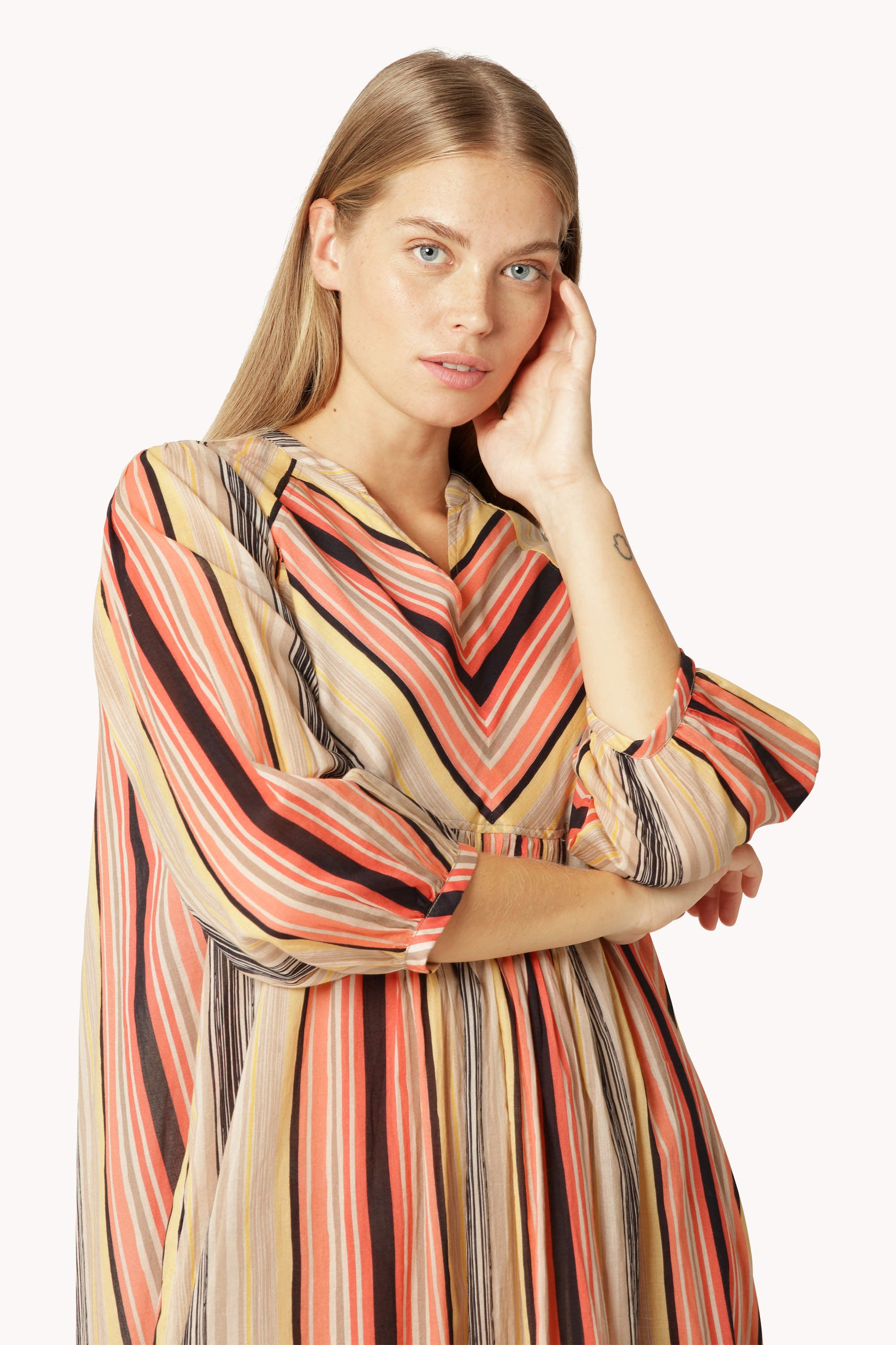 Balloon Sleeve Long Dress Pintuck - Red Organic Stripe