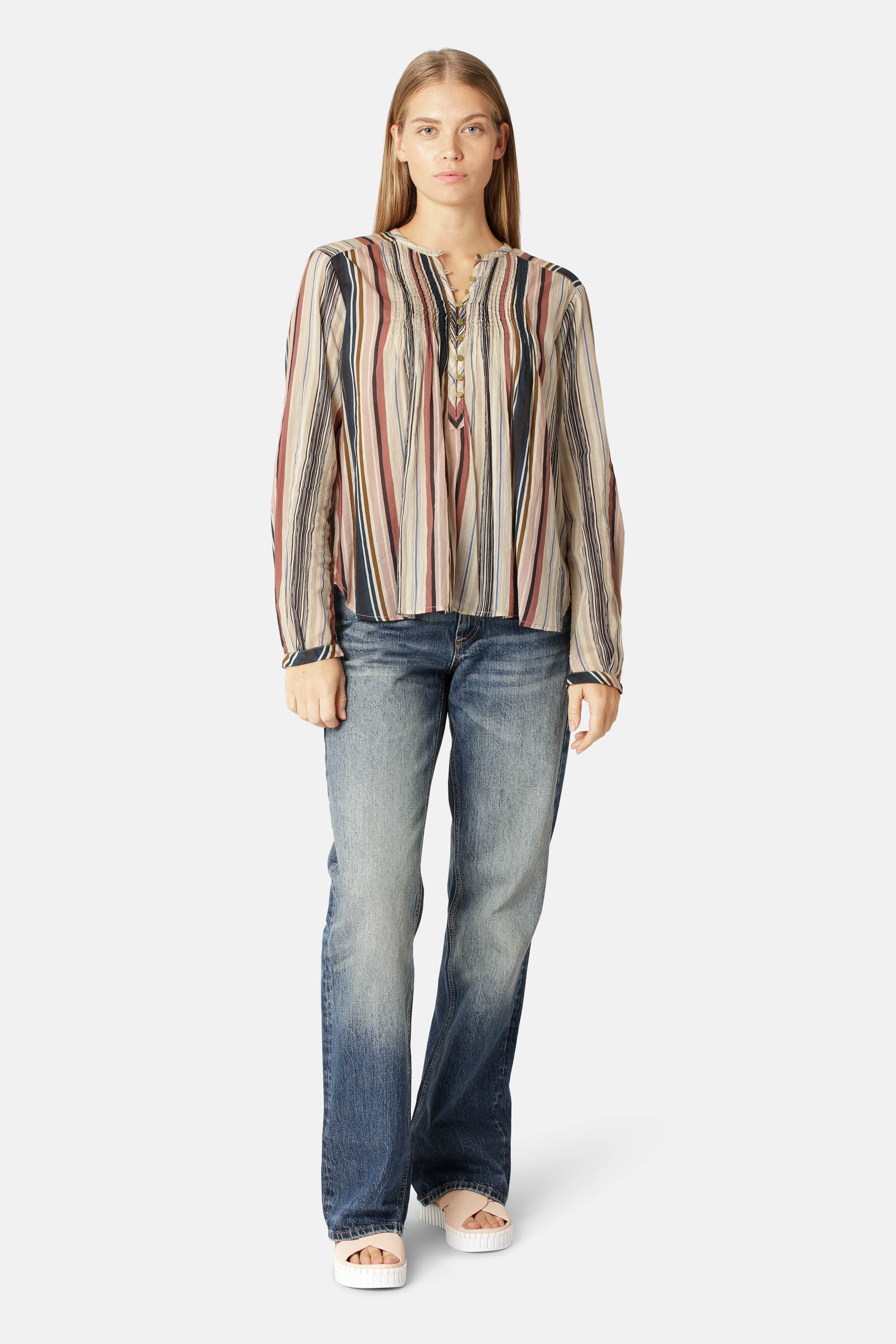 Long Sleeved Shirt Pintuck - Beige Organic Stripe