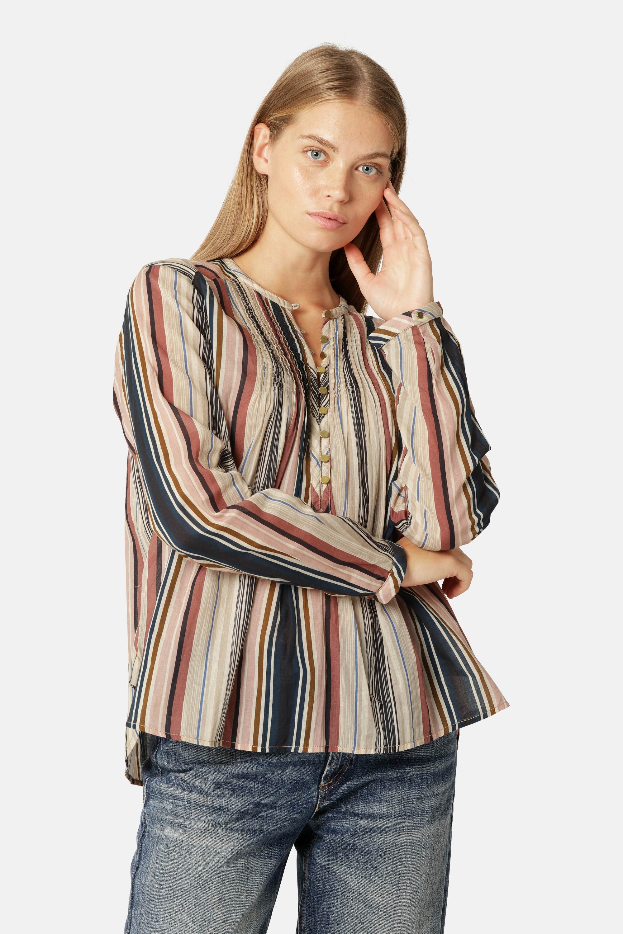 Long Sleeved Shirt Pintuck - Beige Organic Stripe