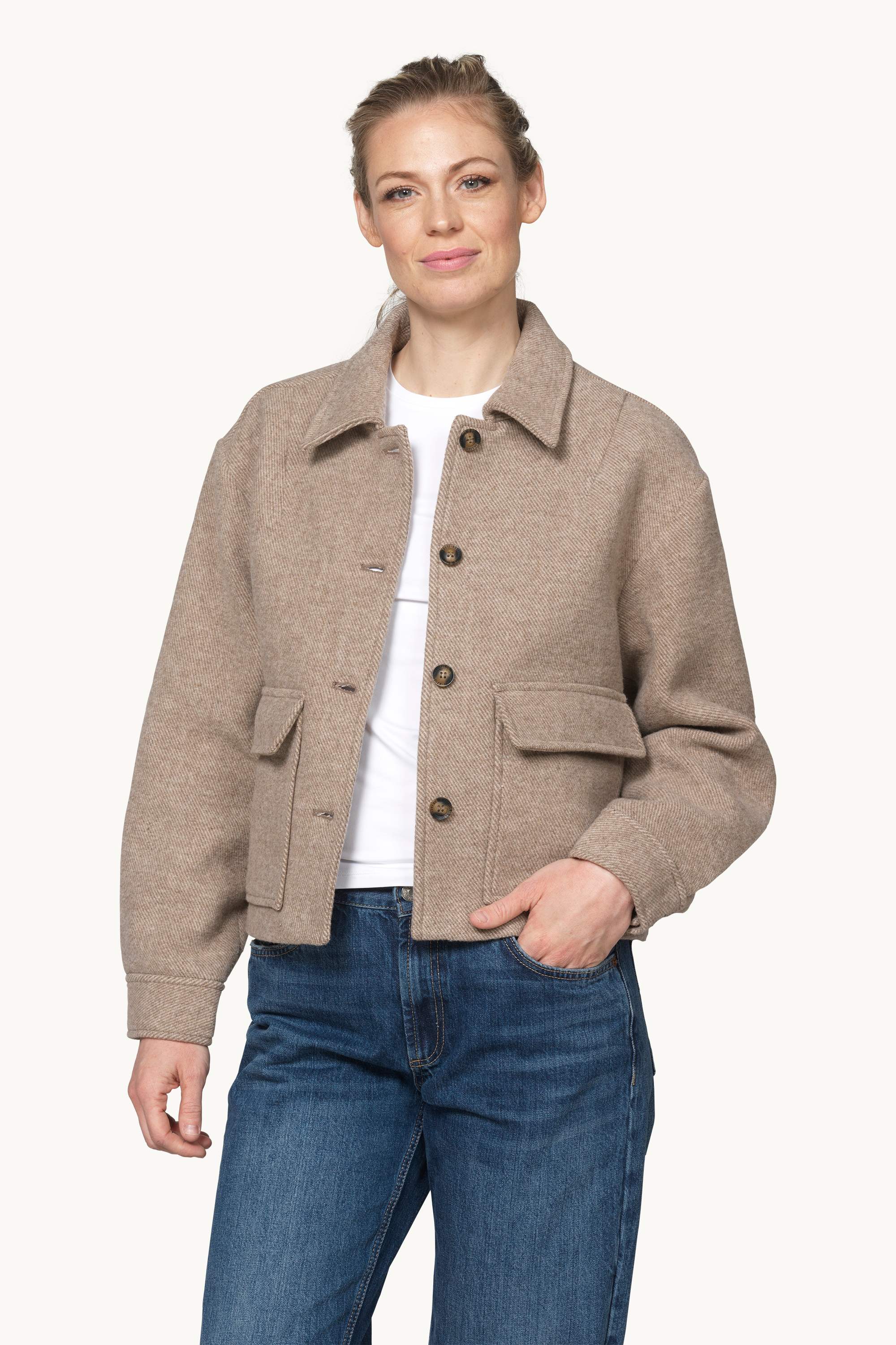 Short buttoned Jacket with Patched Pockets - Greige