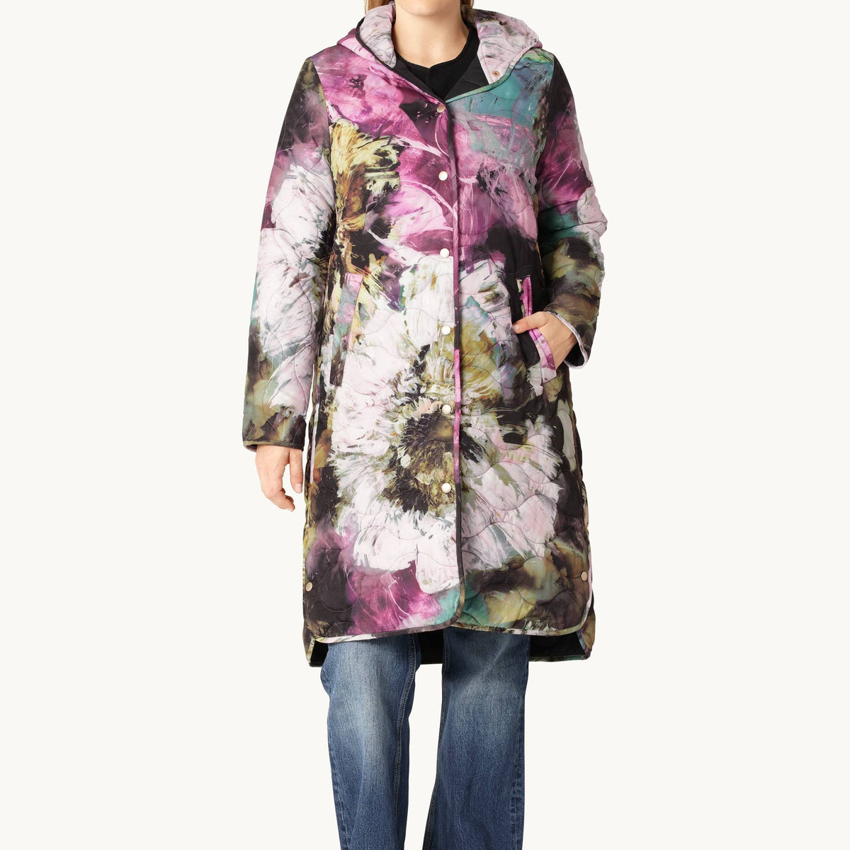 Long Quilt Coat - Artistic Flower Print