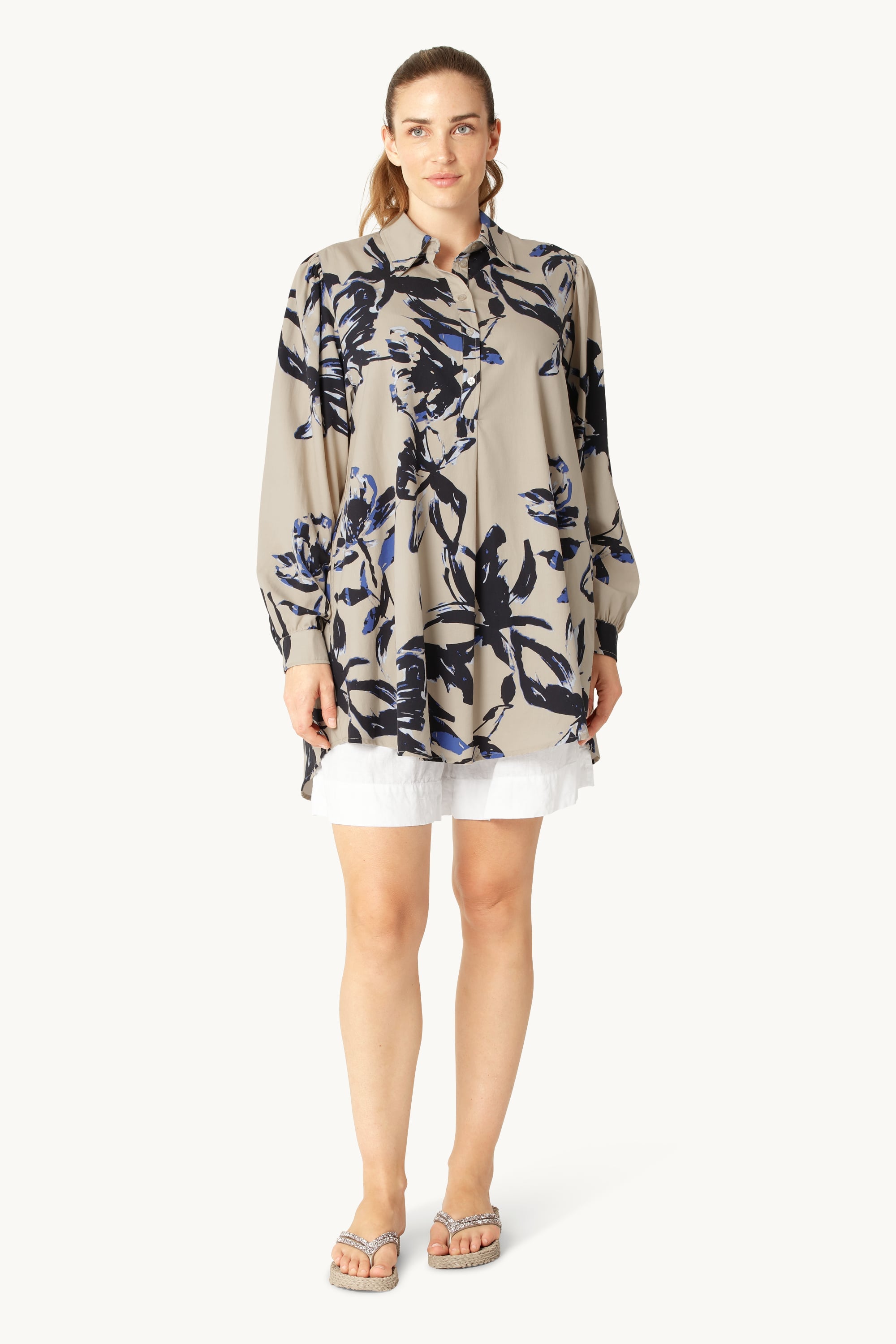 Long Tunic Dress - Sand Artsy Stroke Flower