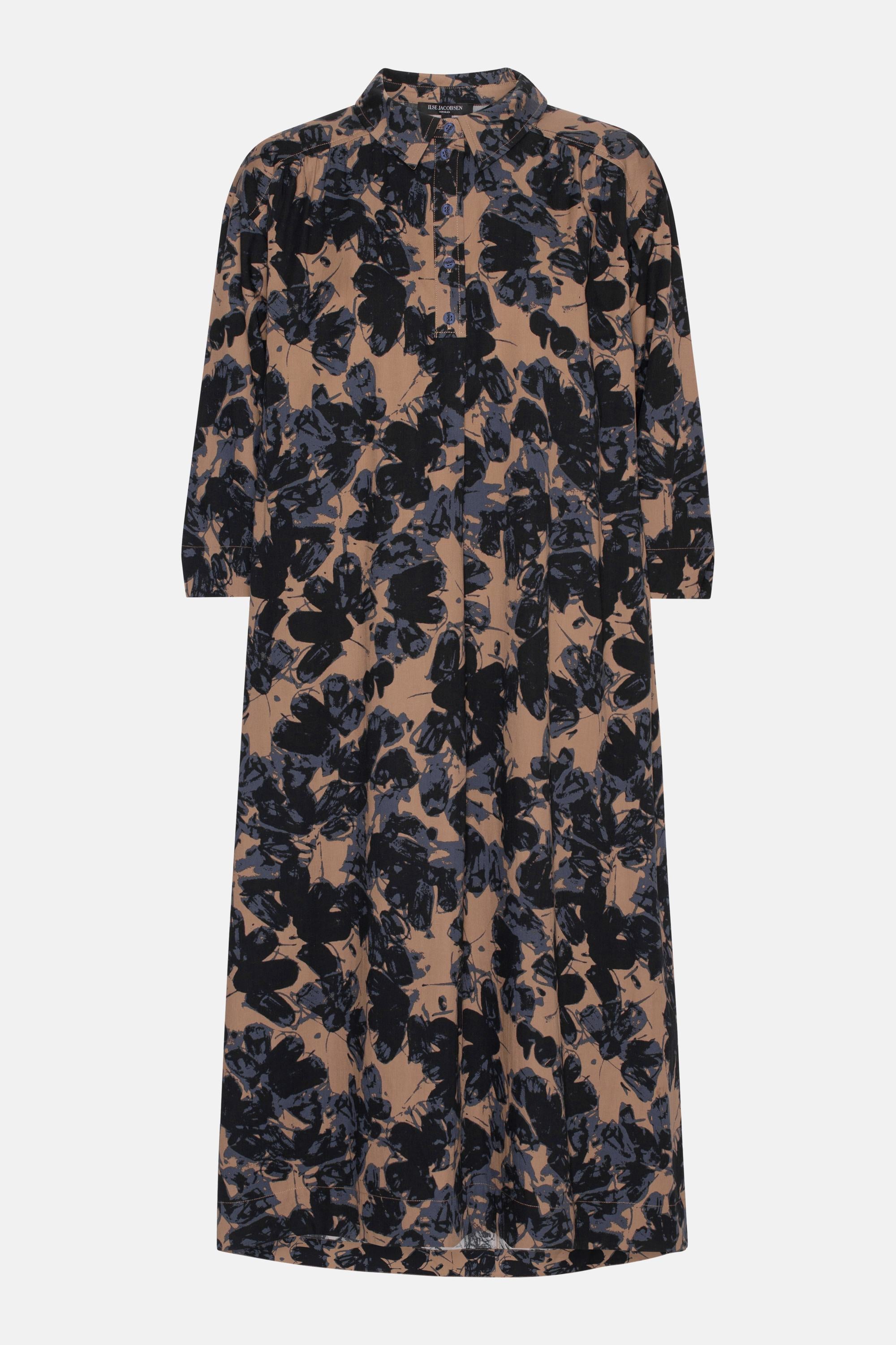 Long A-line Dress With 3/4 Sleeves - Beige Butterfly