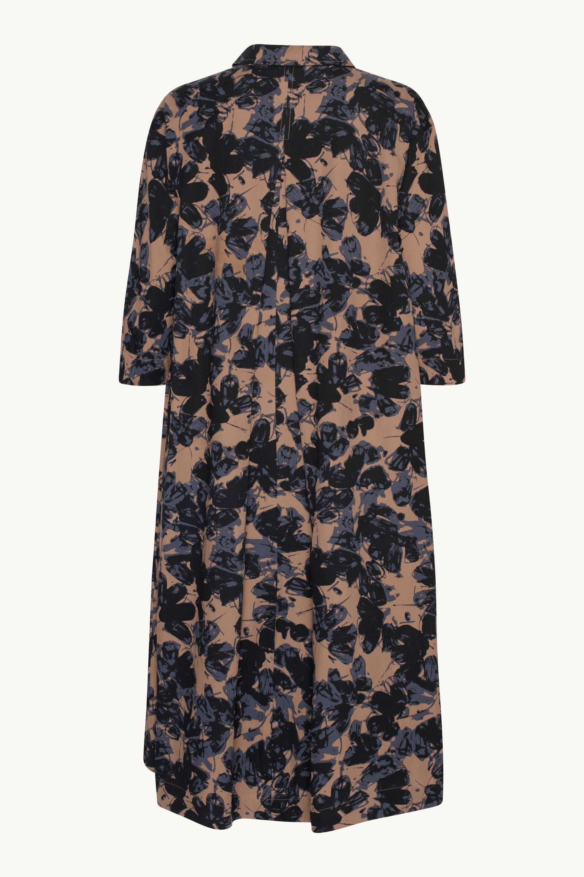 Long A-line Dress With 3/4 Sleeves - Beige Butterfly